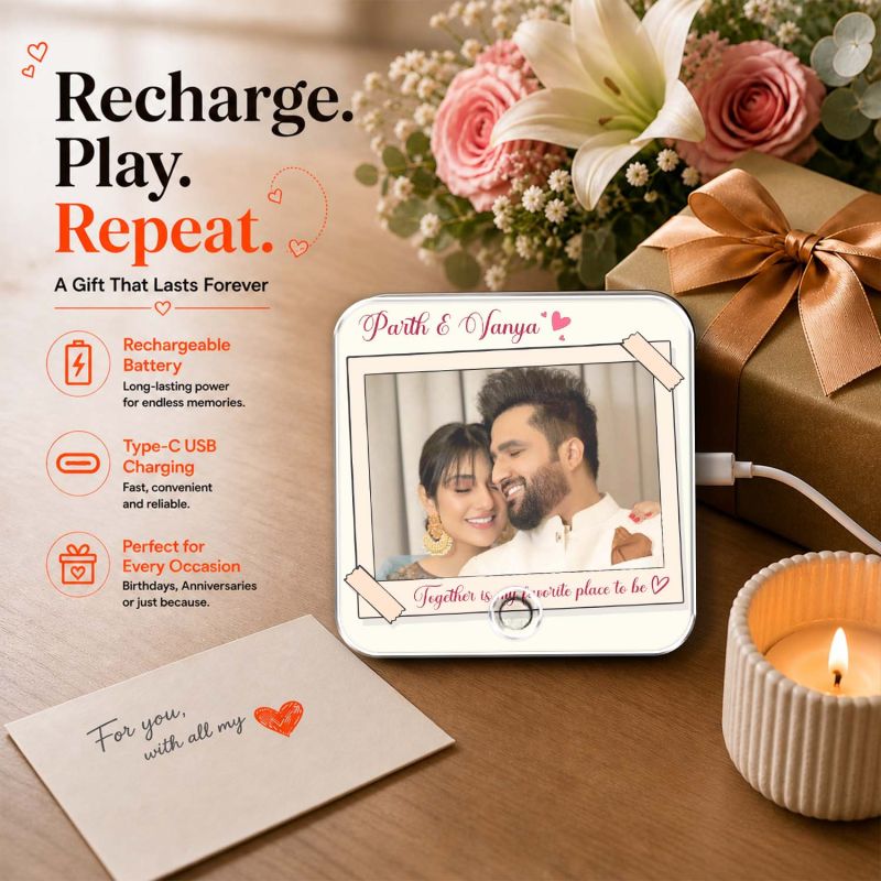 Husband Wife Personalized Musical Fridge Magnet Photo Frame for Couples | Custom Photo & Playable MP3 Audio Song Frame Rechargeable Speaker